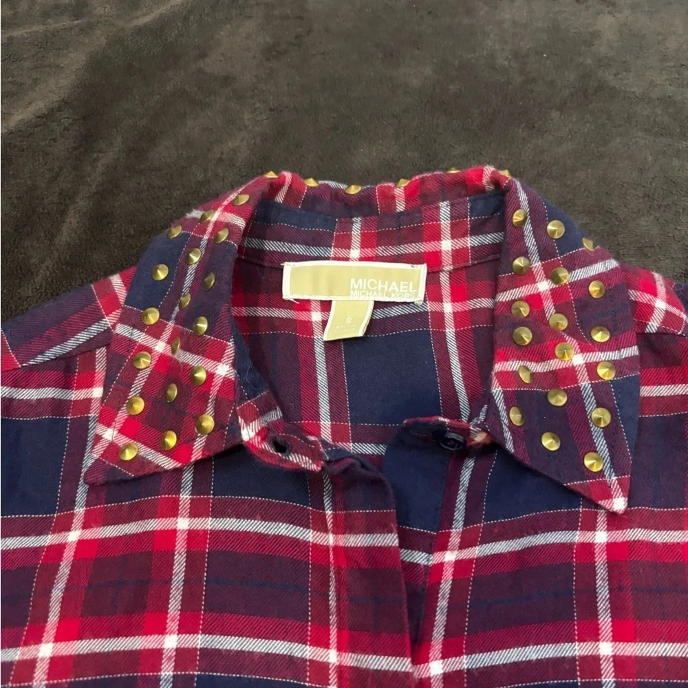 Michael Kors Red and Navy Plaid Button-Down Shirt
